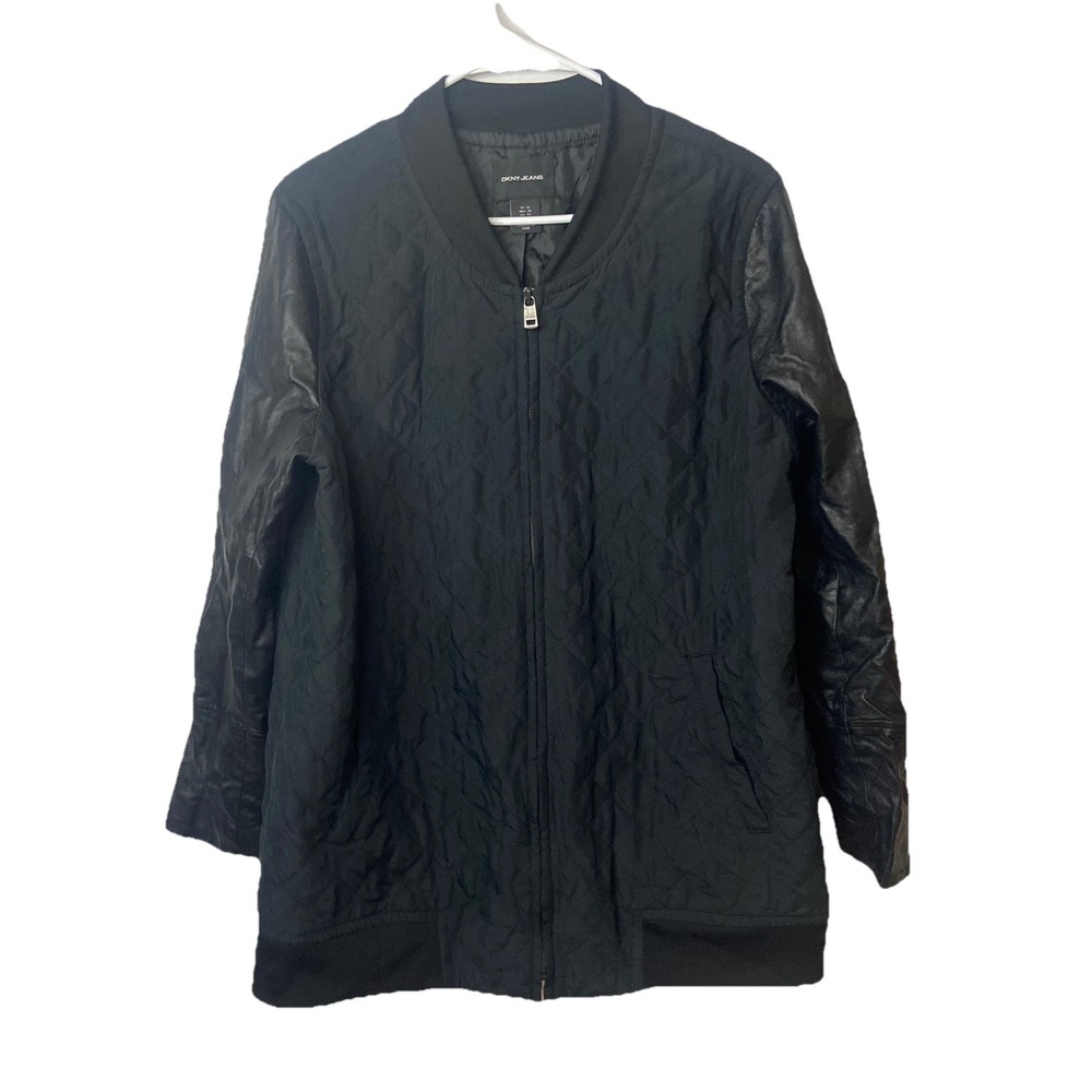 DKNY Jeans Womens Quilted Bomber Jacket Coat Moto Zip Front Long Sleeve Black XL